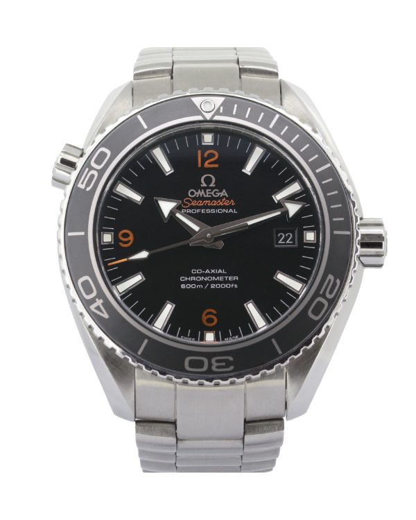 Omega Seamaster Planet Ocean 232.30.46.21.01.003 watch with a black dial, orange accents, stainless steel case and bracelet.