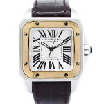 Cartier Santos 100 W20107X7 Rose Gold bezel, 33mm brushed stainless steel case, brown crocodile leather strap, blue sapphire crown.