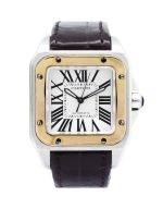 Cartier Santos 100 W20107X7 Rose Gold bezel, 33mm brushed stainless steel case, brown crocodile leather strap, blue sapphire crown.
