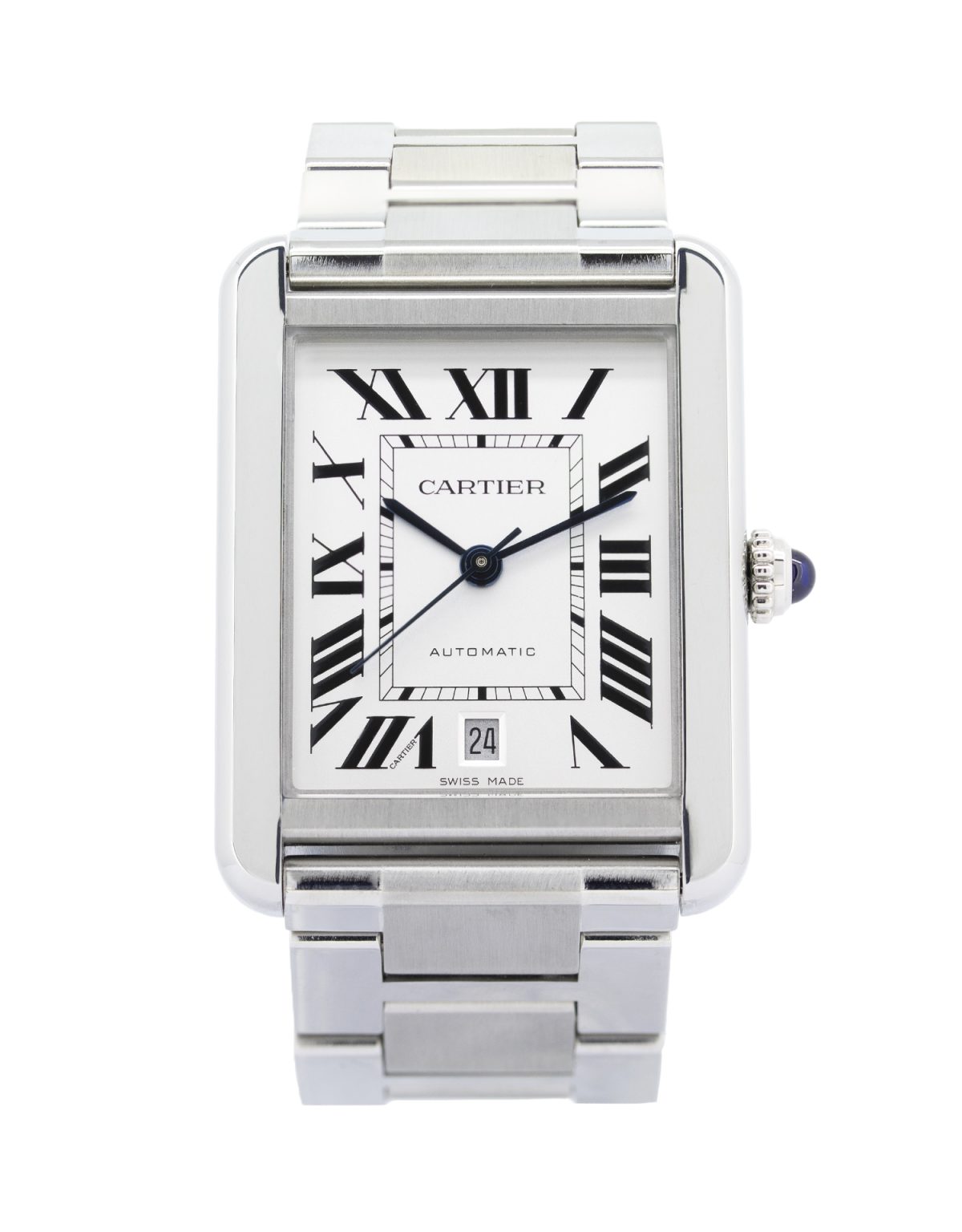 Cartier Tank Solo 3800 XL 31mm x 40mm Automatic, silver dial, stainless steel case and bracelet, Blue sapphire crown.