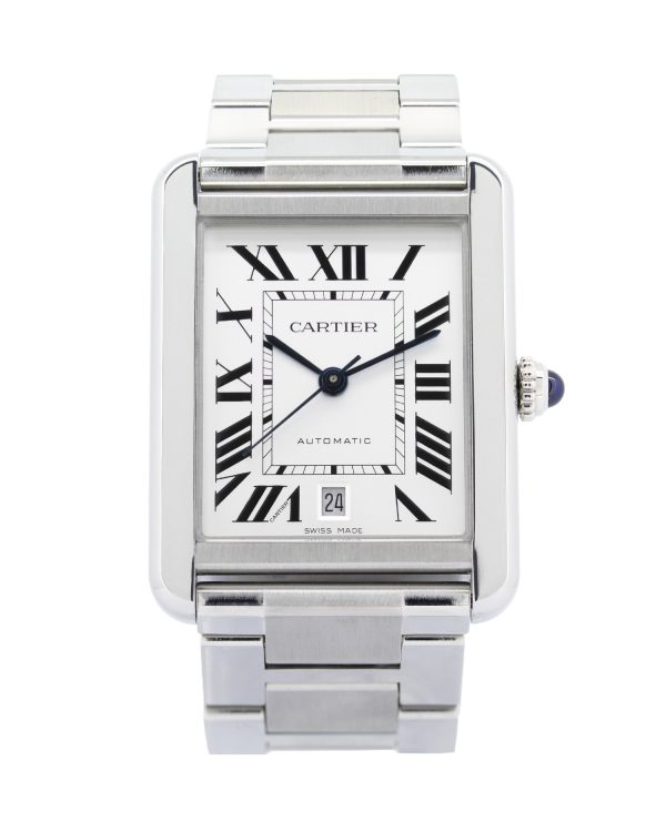 Cartier Tank Solo 3800 XL 31mm x 40mm Automatic, silver dial, stainless steel case and bracelet, Blue sapphire crown.