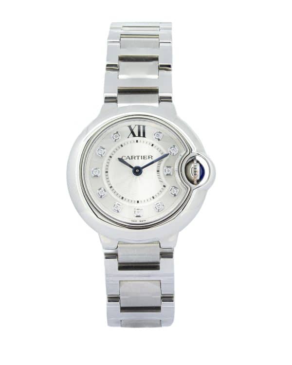 Cartier Ballon Bleu WE902073 28mm, silver dial, diamond hour markers, stainless steel case and bracelet, blue sapphire crown stone.