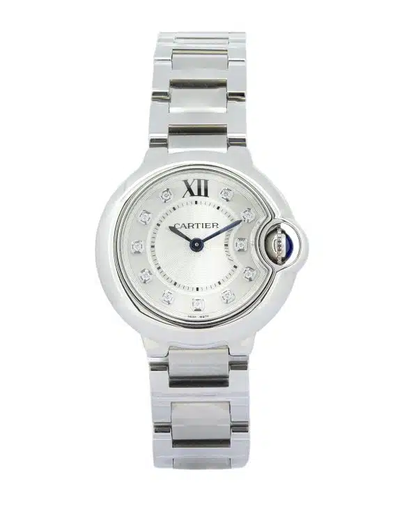 Cartier Ballon Bleu WE902073 28mm, silver dial, diamond hour markers, stainless steel case and bracelet, blue sapphire crown stone.