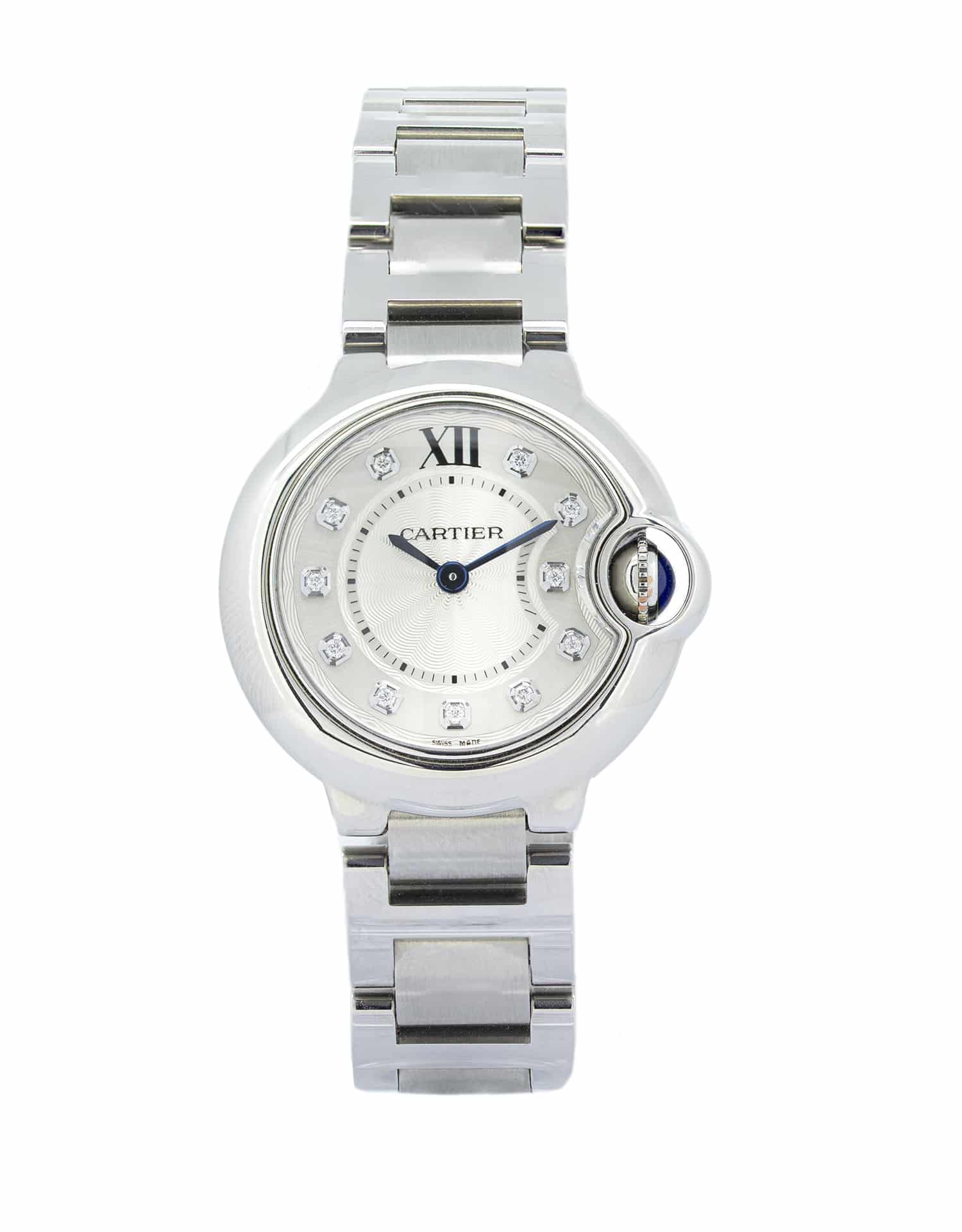 Cartier Ballon Bleu WE902073 28mm, silver dial, diamond hour markers, stainless steel case and bracelet, blue sapphire crown stone.