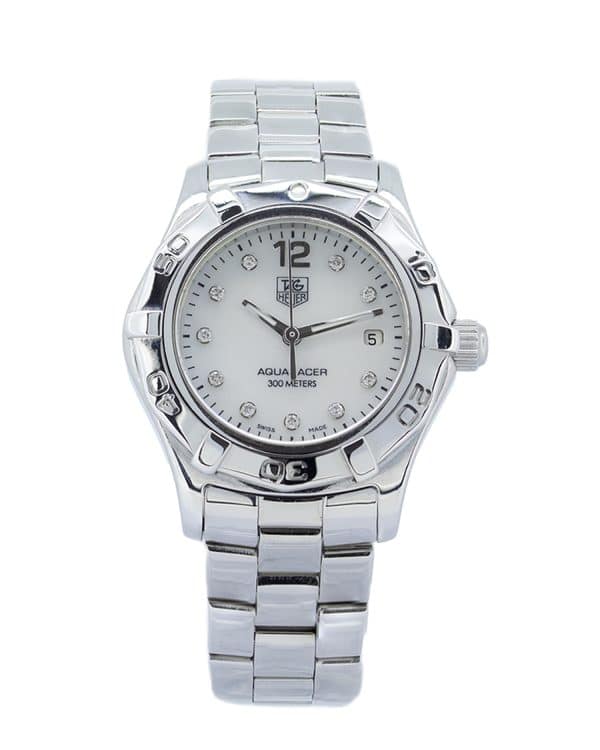 TAG Heuer Aquaracer WAF1415 27mm ladies watch featuring a stainless steel case and bracelet, black dial with diamond hour markers, date display, and unidirectional bezel.