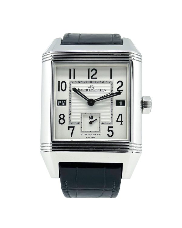Jaeger LeCoultre Reverso Squadra Hometime 50mm x 35mm reverso steel case, white dial, black crocodile leather strap.