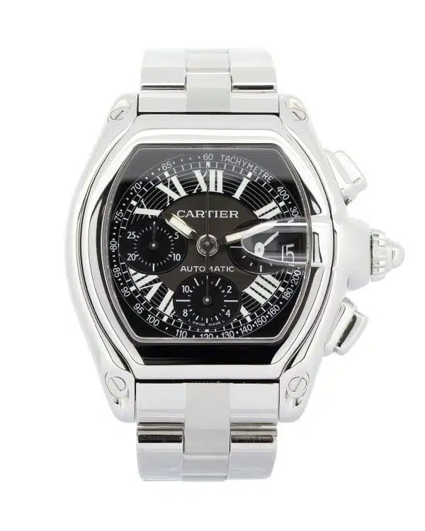 Cartier Roadster 2618 XL 43x47mm case, black dial, stainless steel bracelet, chronograph function.