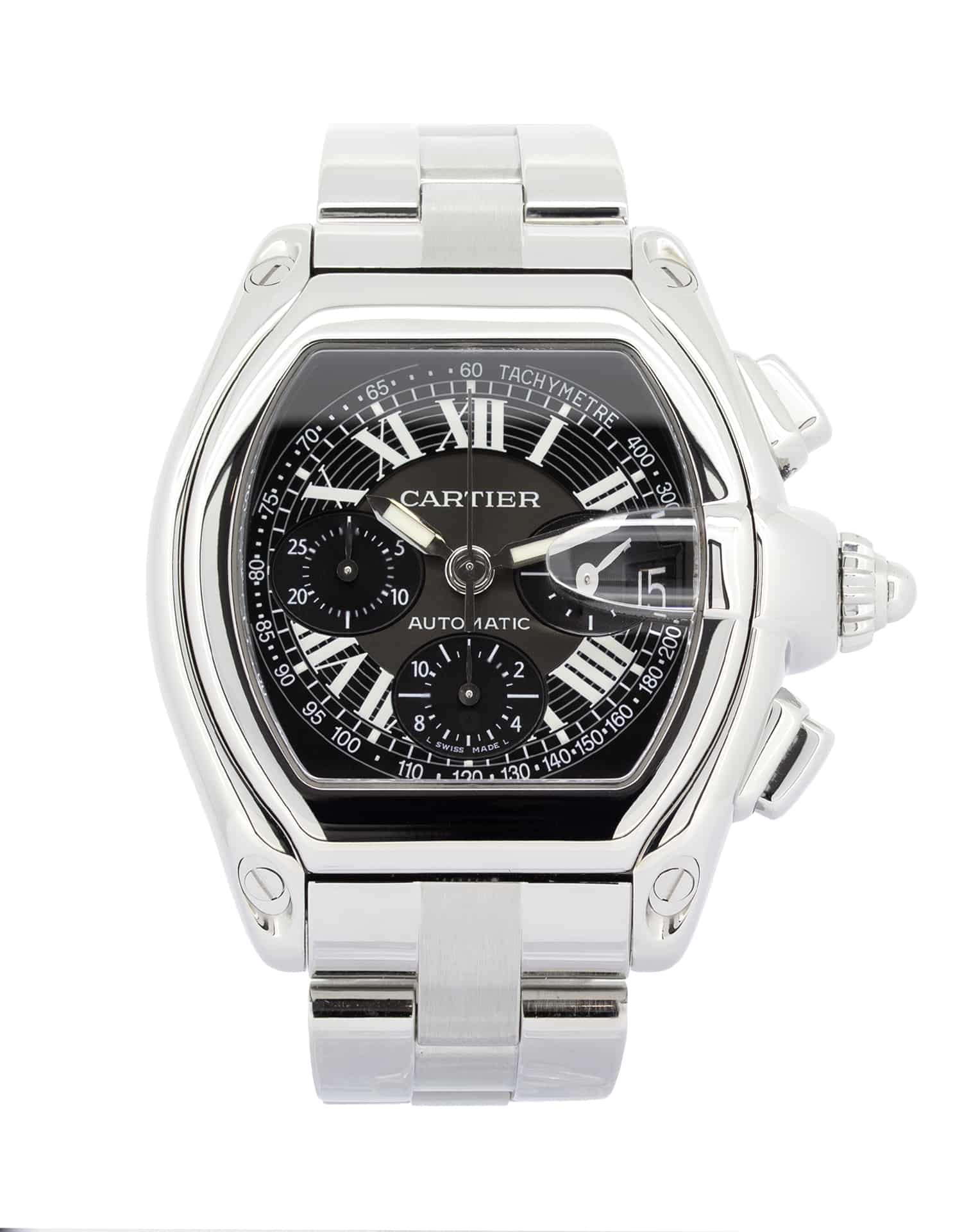 Cartier Roadster 2618 XL 43x47mm case, black dial, stainless steel bracelet, chronograph function.