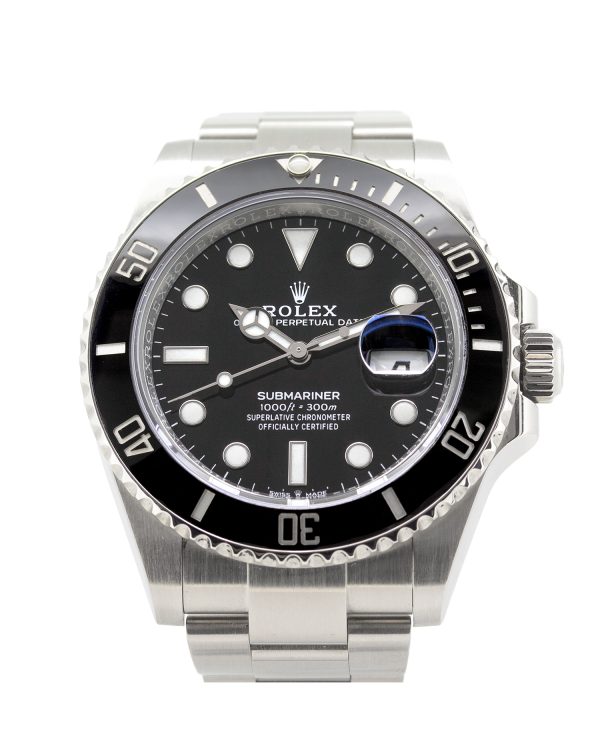 Rolex Submariner 126610LN 41mm case, black dial, uni directional bezel, screw in crown, oyster steel bracelet.