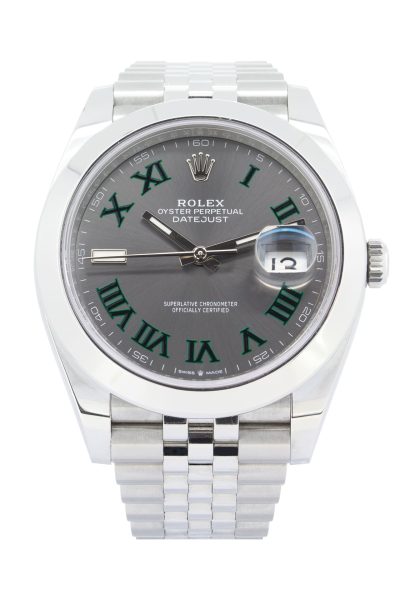 Rolex Datejust 126300 41mm size with Rhodium grey Wimbledon dial, Jubilee stainless steel bracelet, smooth bezel, date function, screw in crown