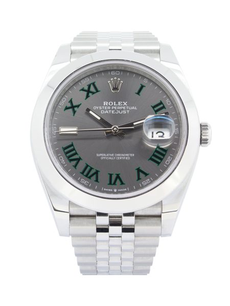 Rolex Datejust 126300 41mm size with Rhodium grey Wimbledon dial, Jubilee stainless steel bracelet, smooth bezel, date function, screw in crown