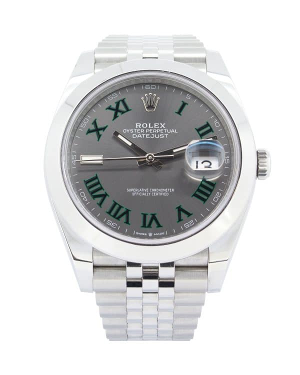 Rolex Datejust 126300 41mm size with Rhodium grey Wimbledon dial, Jubilee stainless steel bracelet, smooth bezel, date function, screw in crown