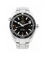 Omega Seamaster Planet Ocean 232.30.42.21.01.003 42mm watch with a black dial, orange accents, stainless steel case and bracelet.