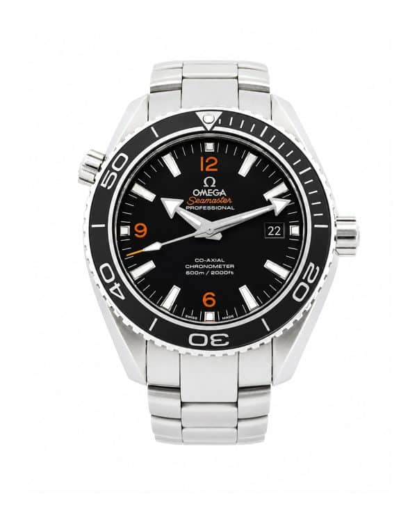 Omega Seamaster Planet Ocean 232.30.42.21.01.003 42mm watch with a black dial, orange accents, stainless steel case and bracelet.