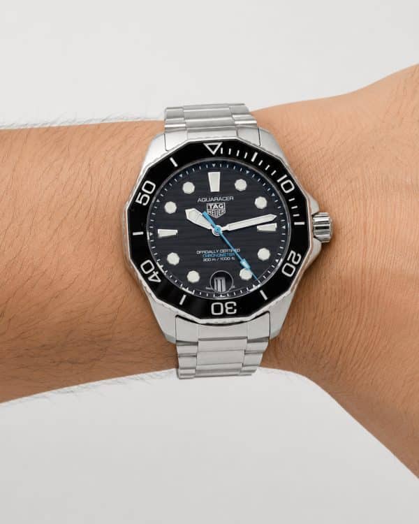 Tag Heuer Aquaracer Professional 300 WBP5110 42mm case, black dial, uni-directional bezel, screw in crown, stainless steel bracelet.