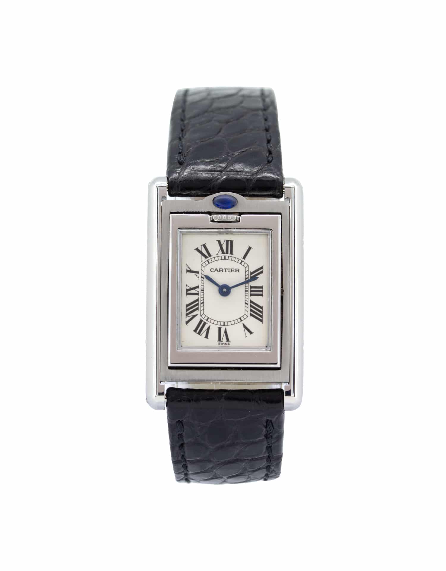 Cartier Tank Basculante 2386 22mm x 32mm, white dial, reversible case, black alligator leather strap.
