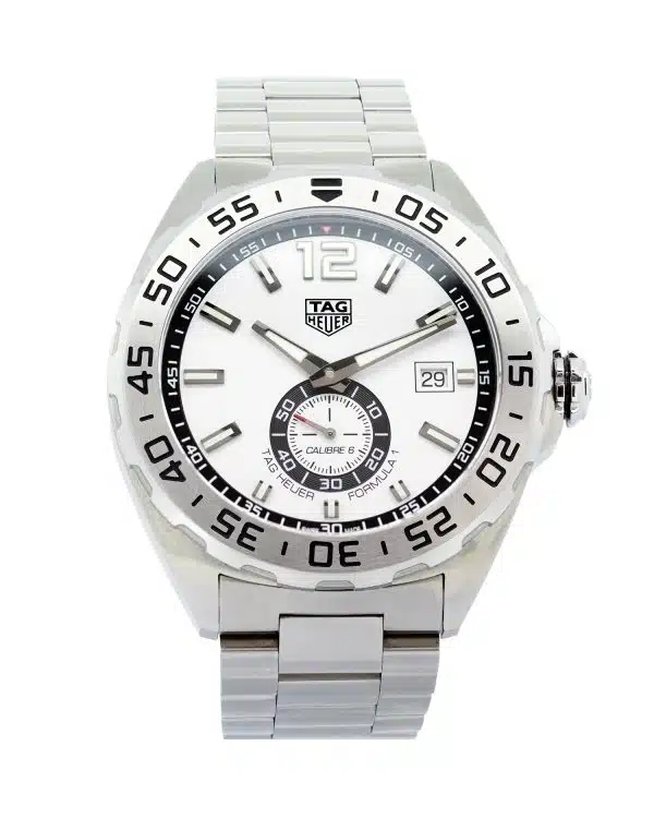 Tag Heuer F1 WAZ2013 BA0842 43mm case, white dial, stainless steel bracelet, screw down crown, uni-directional rotating bezel.