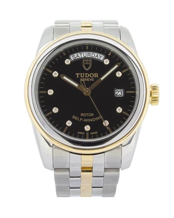 Tudor Glamour 56003 39mm 18ct Yellow Gold bezel an crown, gold and steel bracelet, black dial with diamond hour markers.