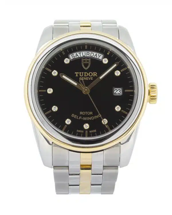 Tudor Glamour 56003 39mm 18ct Yellow Gold bezel an crown, gold and steel bracelet, black dial with diamond hour markers.