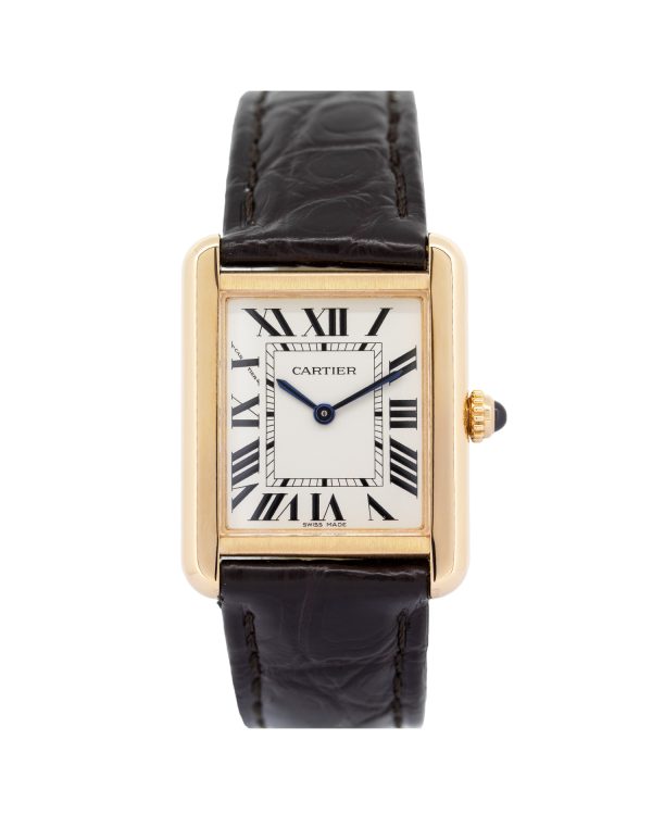 Cartier Tank Solo W5200024 25mm Ladies watch, rose gold case, silver dial, dark brown croc strap.