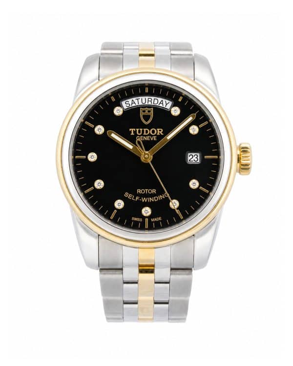 Tudor Glamour 56003 39mm 18ct Yellow Gold bezel an crown, gold and steel bracelet, black dial with diamond hour markers.