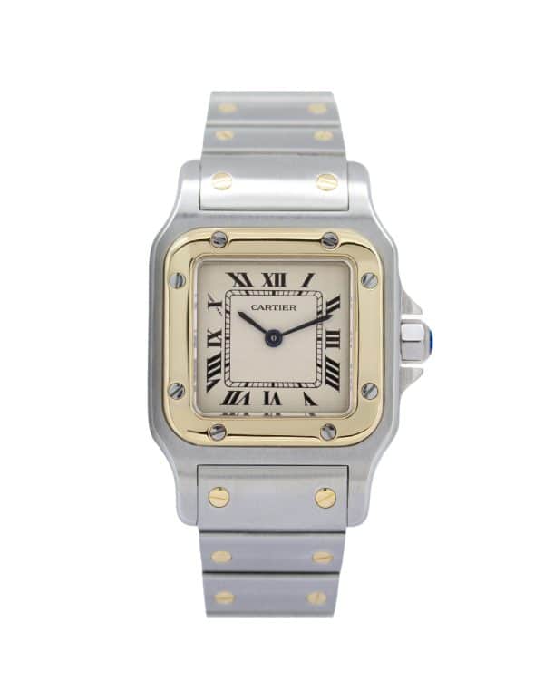 Cartier Santos Galbée Ref. 1567 luxury wristwatch, measuring 24mm × 35mm, featuring the iconic rounded-square Santos case, Roman numeral dial, blue hands and signature exposed screws on the bezel.