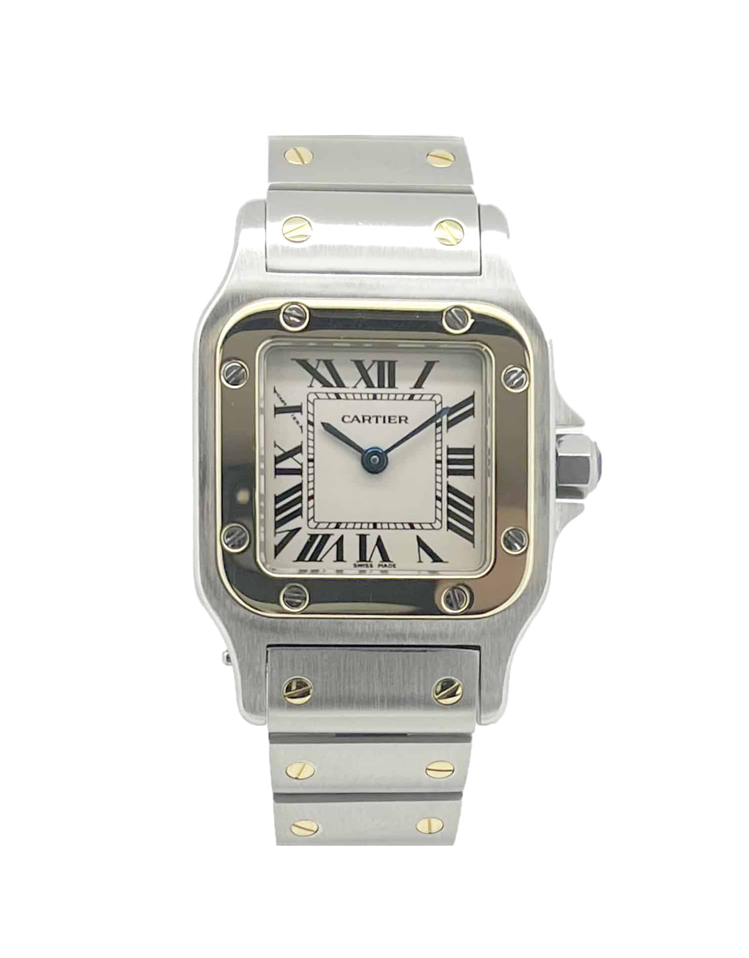 Cartier Santos Galbée Ref. 1567 two-tone wristwatch worn on a woman's wrist, featuring a stainless steel and yellow gold bracelet, silver dial with black Roman numerals, and blued steel hands. The watch is photographed on a marble café table beside a coffee cup and menu, with a softly blurred café background creating an elegant and sophisticated atmosphere.
