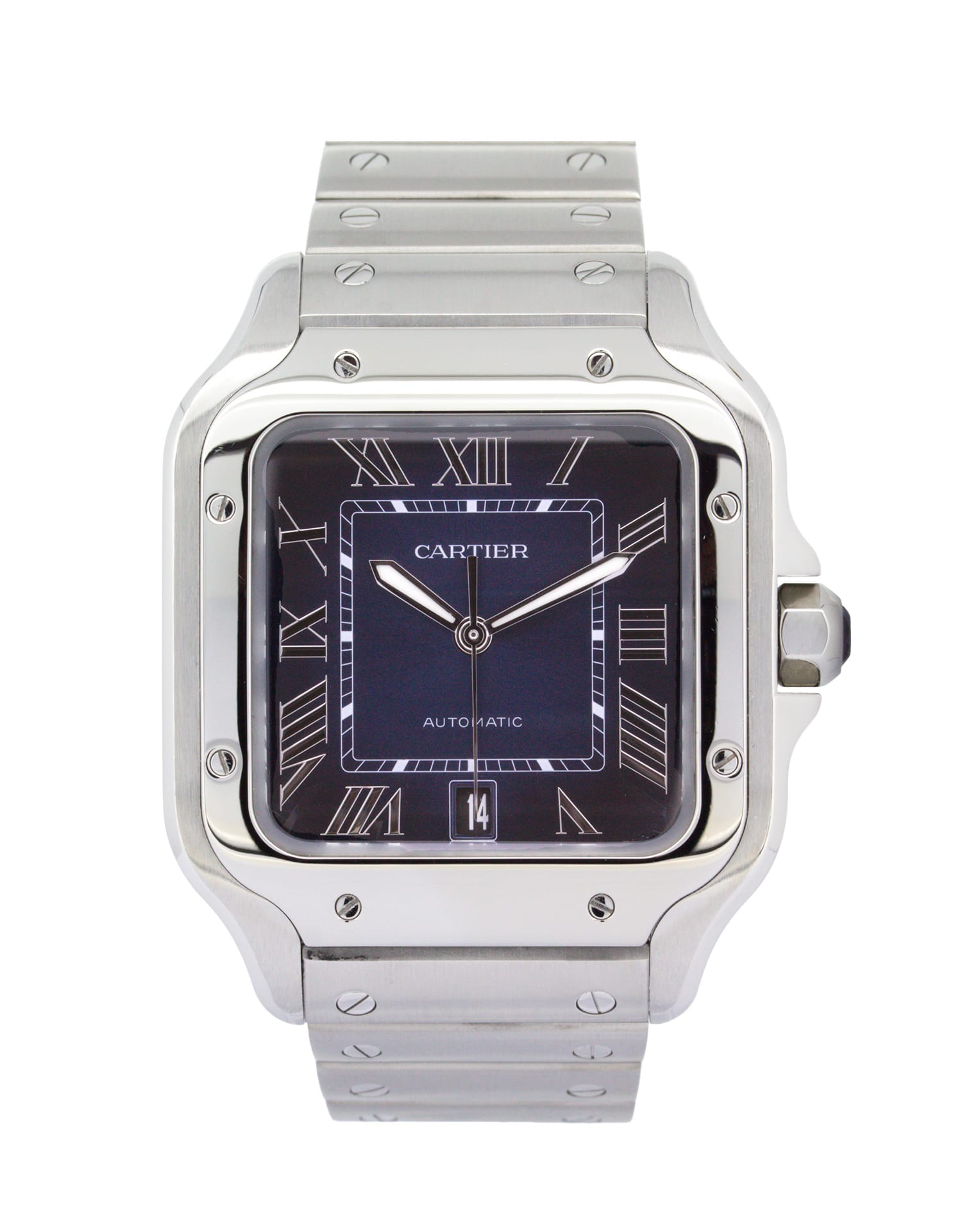 Cartier Santos de Cartier WSSA0030 stainless steel watch with a graduated blue sunburst dial, Roman numeral hour markers, date display at 6 o'clock, and integrated steel bracelet.