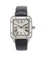 Cartier Santos-Dumont WSSA0086 men's watch with a 38mm x 27.5mm stainless steel case, silvered satin-brushed dial, black Roman numerals, blued-steel sword hands, blue cabochon crown, and navy blue alligator leather strap. Powered by a high-autonomy quartz movement.