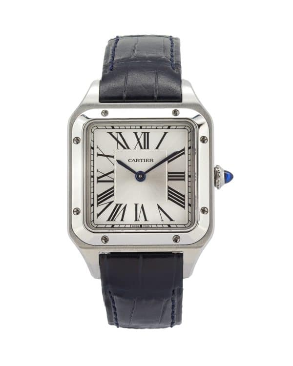 Cartier Santos-Dumont WSSA0086 men's watch with a 38mm x 27.5mm stainless steel case, silvered satin-brushed dial, black Roman numerals, blued-steel sword hands, blue cabochon crown, and navy blue alligator leather strap. Powered by a high-autonomy quartz movement.