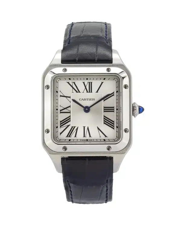 Cartier Santos-Dumont WSSA0086 men's watch with a 38mm x 27.5mm stainless steel case, silvered satin-brushed dial, black Roman numerals, blued-steel sword hands, blue cabochon crown, and navy blue alligator leather strap. Powered by a high-autonomy quartz movement.