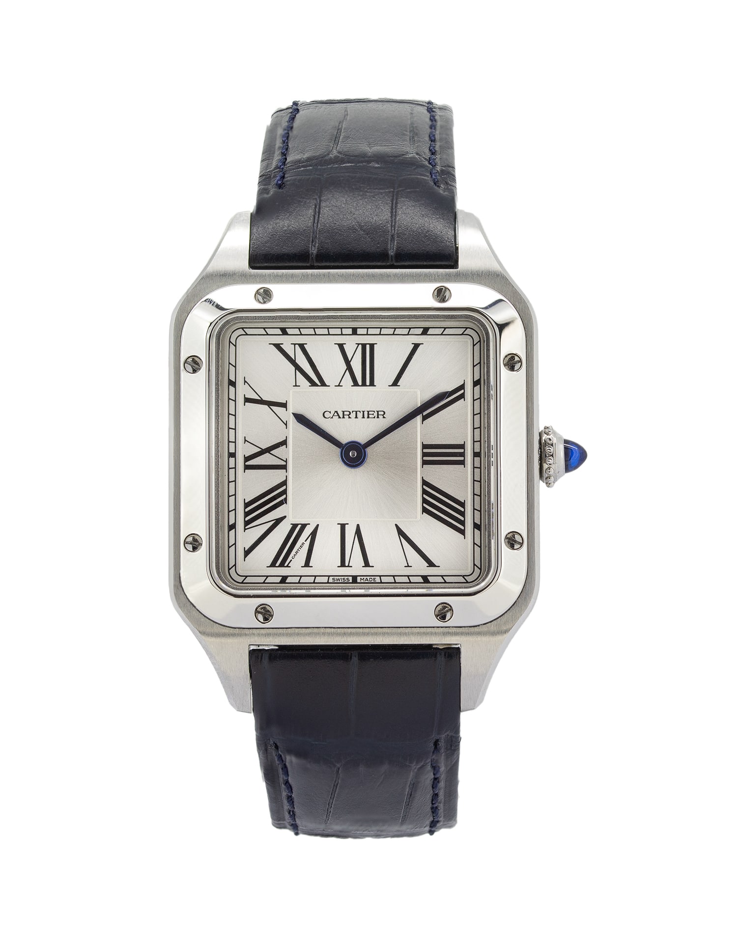 Cartier Santos-Dumont WSSA0086 men's watch with a 38mm x 27.5mm stainless steel case, silvered satin-brushed dial, black Roman numerals, blued-steel sword hands, blue cabochon crown, and navy blue alligator leather strap. Powered by a high-autonomy quartz movement.
