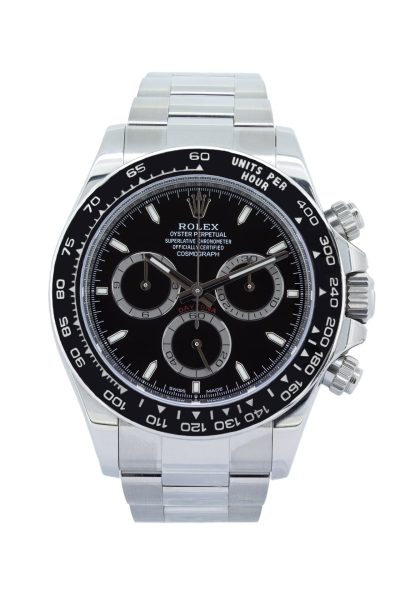 Rolex Cosmograph Daytona 126500LN 40mm luxury chronograph watch in Oystersteel with black Cerachrom ceramic tachymeter bezel, black dial, sapphire crystal, and Oyster bracelet.