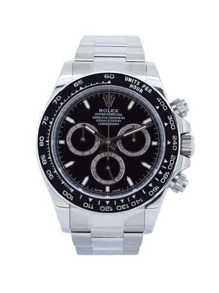 Rolex Cosmograph Daytona 126500LN 40mm luxury chronograph watch in Oystersteel with black Cerachrom ceramic tachymeter bezel, black dial, sapphire crystal, and Oyster bracelet.