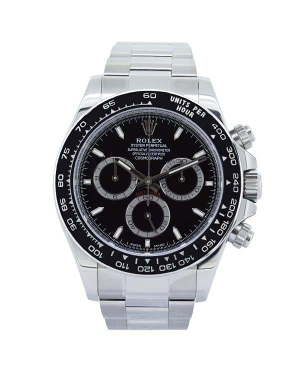 Rolex Cosmograph Daytona 126500LN 40mm luxury chronograph watch in Oystersteel with black Cerachrom ceramic tachymeter bezel, black dial, sapphire crystal, and Oyster bracelet.