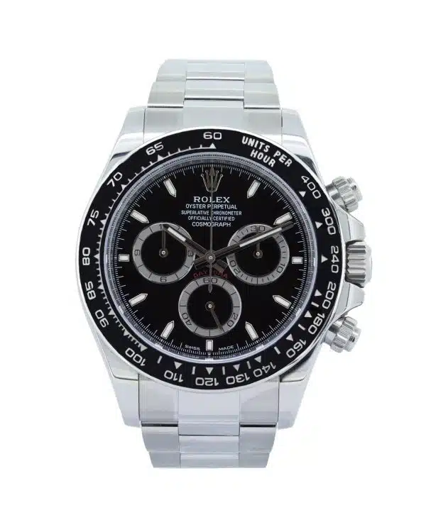 Rolex Cosmograph Daytona 126500LN 40mm luxury chronograph watch in Oystersteel with black Cerachrom ceramic tachymeter bezel, black dial, sapphire crystal, and Oyster bracelet.