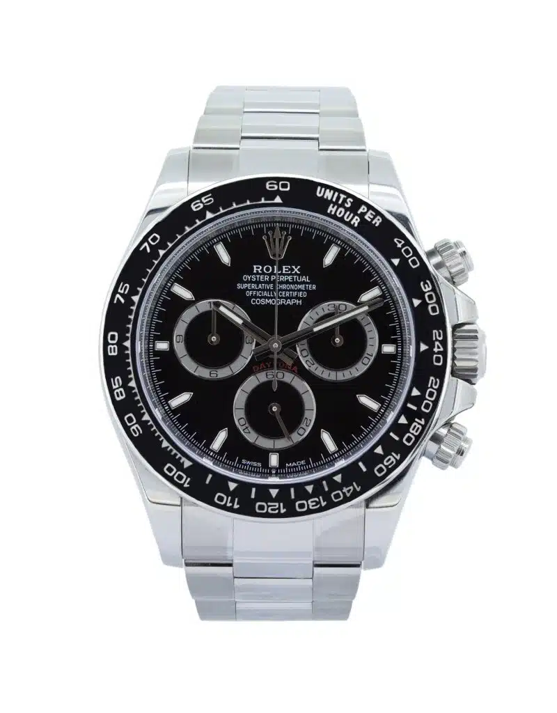 Rolex Cosmograph Daytona 126500LN 40mm luxury chronograph watch in Oystersteel with black Cerachrom ceramic tachymeter bezel, black dial, sapphire crystal, and Oyster bracelet.
