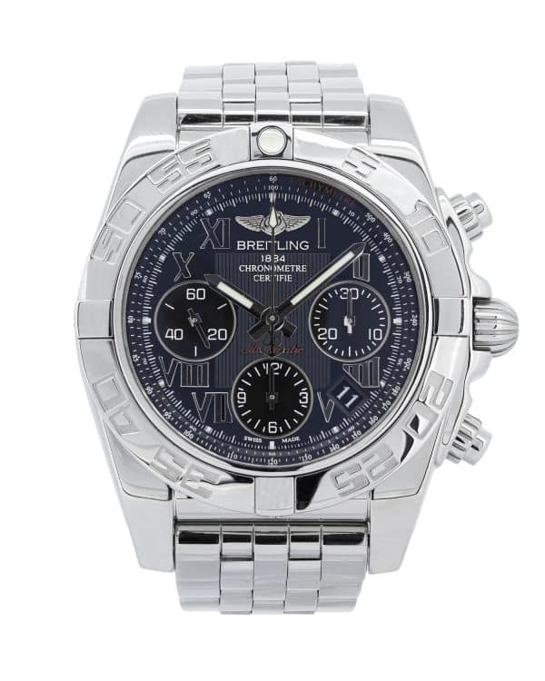 2017 Breitling Chronomat 41 AB0140 stainless steel automatic chronograph watch with black dial, rider-tab bezel, date display, and stainless steel bracelet.