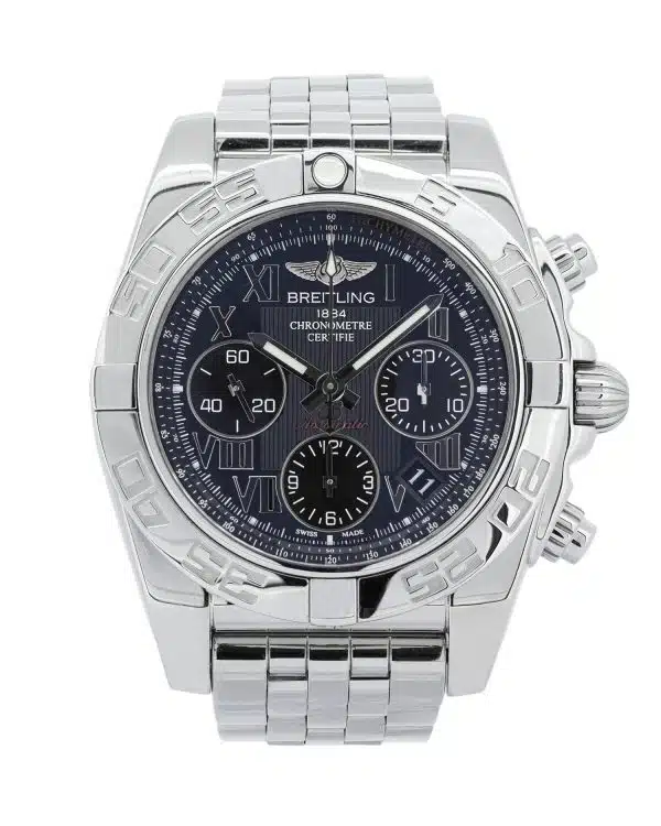 2017 Breitling Chronomat 41 AB0140 stainless steel automatic chronograph watch with black dial, rider-tab bezel, date display, and stainless steel bracelet.