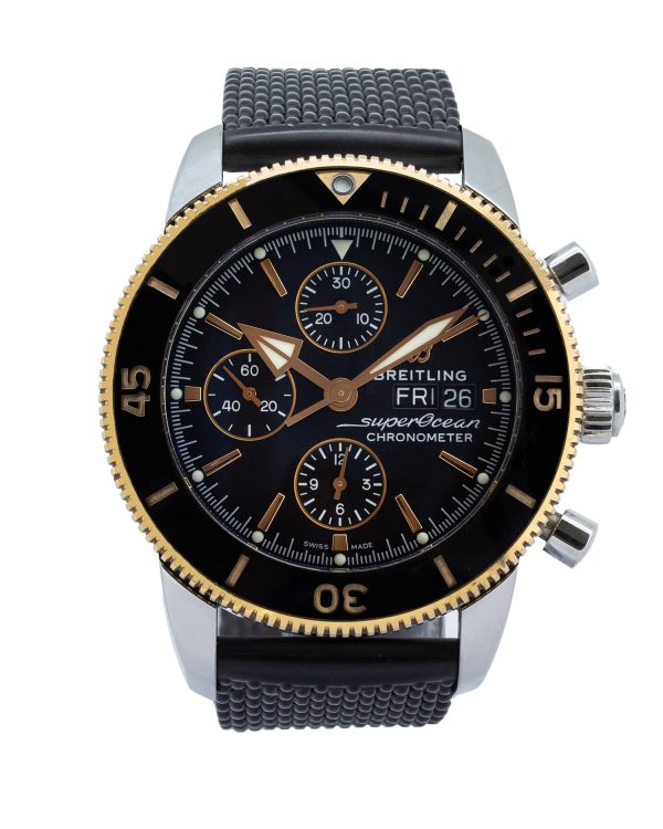 Breitling Superocean Heritage U13313 44mm automatic chronograph watch in stainless steel and 18ct red gold with black dial and ceramic bezel.