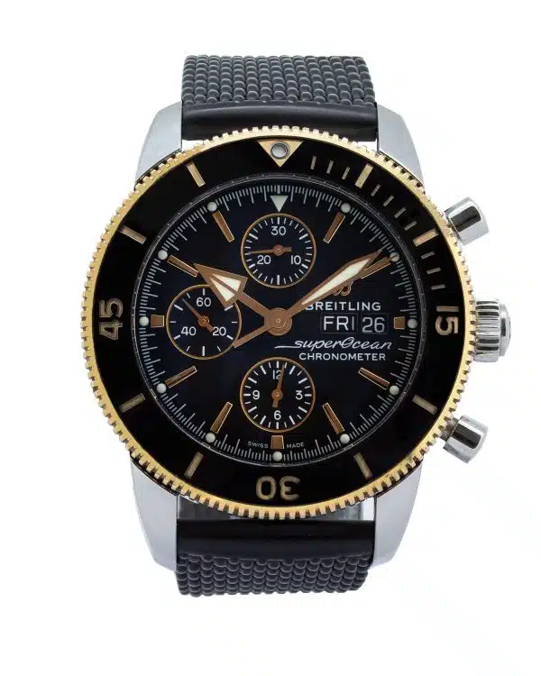 Breitling Superocean Heritage U13313 44mm automatic chronograph watch in stainless steel and 18ct red gold with black dial and ceramic bezel.
