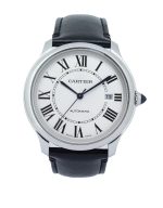 Cartier Ronde Must WSRN0032 40mm automatic watch in polished stainless steel with a silver Roman numeral dial, blued-steel hands, black strap, and signature blue cabochon crown.
