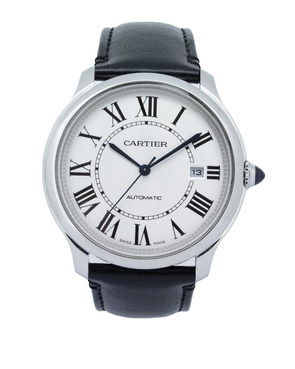 Cartier Ronde Must WSRN0032 40mm automatic watch in polished stainless steel with a silver Roman numeral dial, blued-steel hands, black strap, and signature blue cabochon crown.