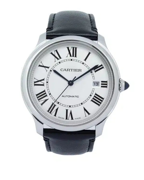 Cartier Ronde Must WSRN0032 40mm automatic watch in polished stainless steel with a silver Roman numeral dial, blued-steel hands, black strap, and signature blue cabochon crown.
