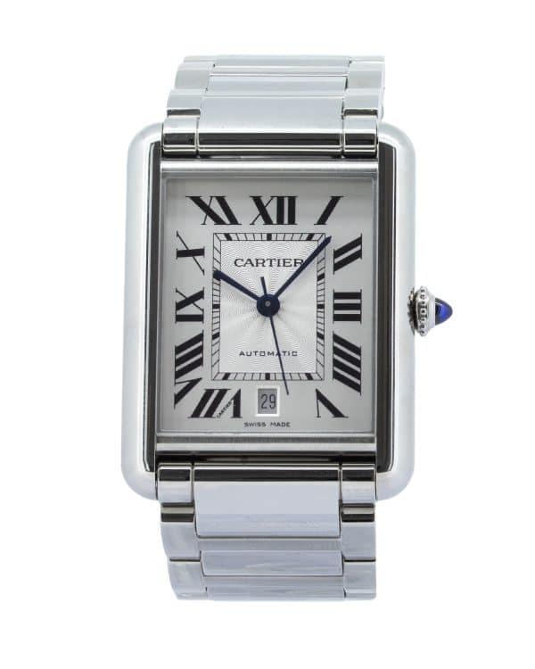 Cartier Tank Must XL Automatic WSTA0053 wristwatch in stainless steel featuring a silvered flinqué dial with black Roman numerals, blued-steel sword hands, and a date display at 6 o’clock. The rectangular polished steel case is fitted with a matching stainless steel bracelet and a blue cabochon-set crown, showcasing Cartier’s iconic Tank design and timeless elegance.