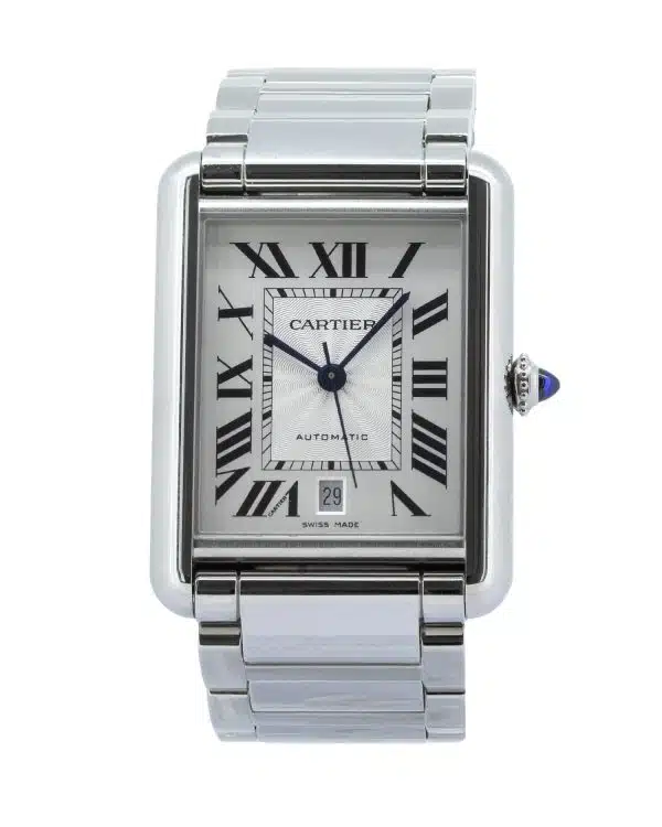 Cartier Tank Must XL Automatic WSTA0053 wristwatch in stainless steel featuring a silvered flinqué dial with black Roman numerals, blued-steel sword hands, and a date display at 6 o’clock. The rectangular polished steel case is fitted with a matching stainless steel bracelet and a blue cabochon-set crown, showcasing Cartier’s iconic Tank design and timeless elegance.