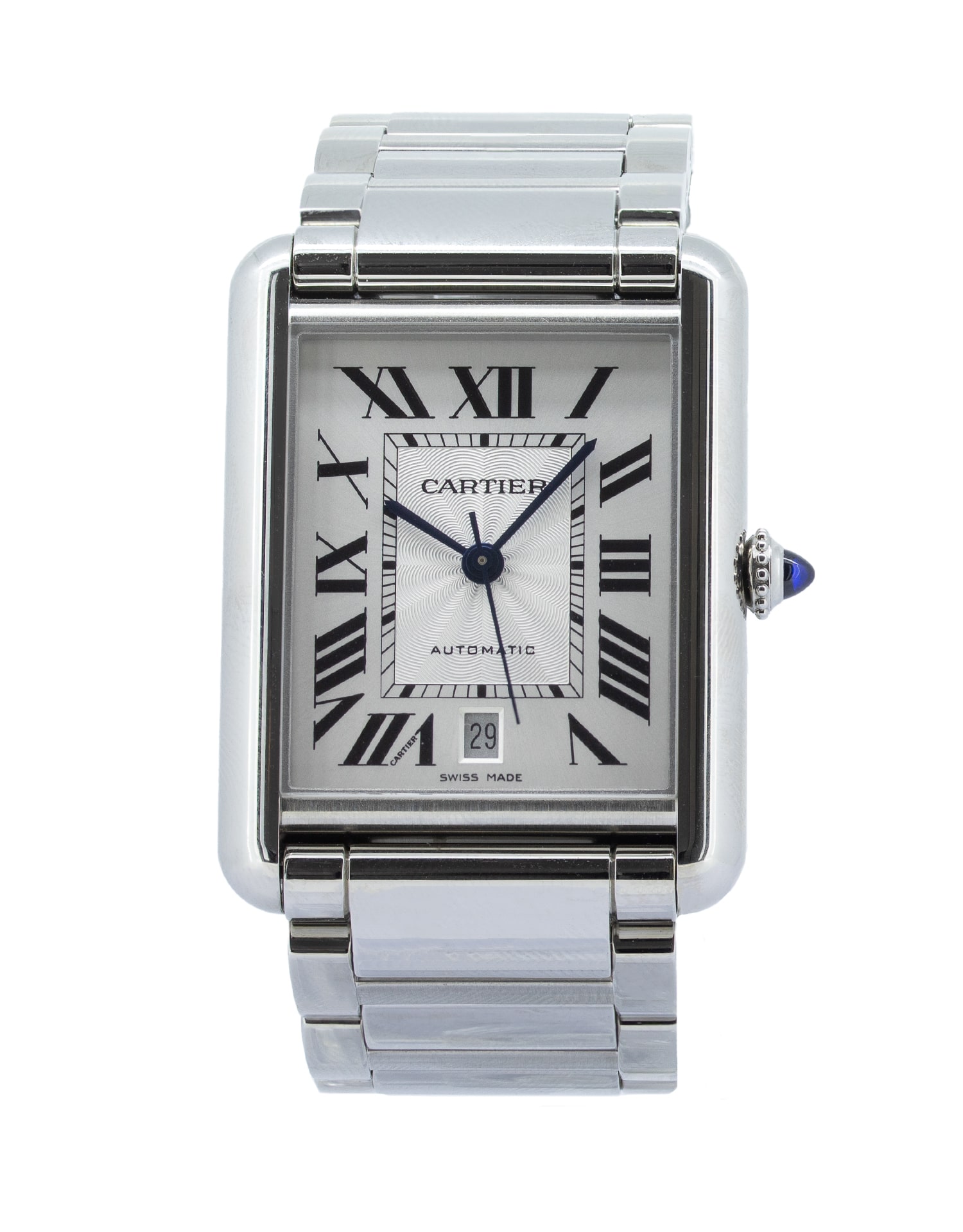 Cartier Tank Must XL Automatic WSTA0053 wristwatch in stainless steel featuring a silvered flinqué dial with black Roman numerals, blued-steel sword hands, and a date display at 6 o’clock. The rectangular polished steel case is fitted with a matching stainless steel bracelet and a blue cabochon-set crown, showcasing Cartier’s iconic Tank design and timeless elegance.