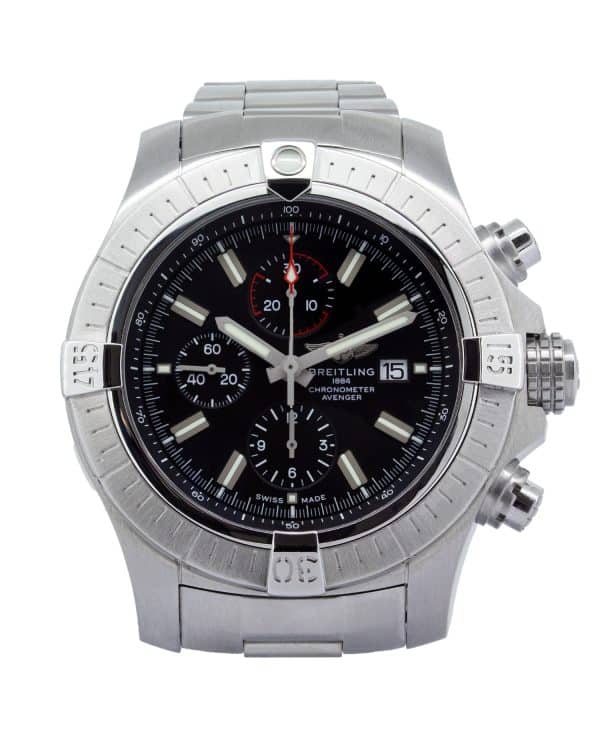Breitling Super Avenger Chronograph 48mm stainless steel watch with black dial, three chronograph sub-dials, luminous hour markers, date display, unidirectional bezel, and stainless steel bracelet.