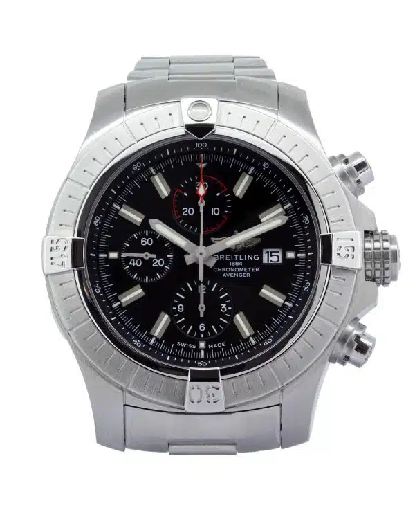 Breitling Super Avenger Chronograph 48mm stainless steel watch with black dial, three chronograph sub-dials, luminous hour markers, date display, unidirectional bezel, and stainless steel bracelet.