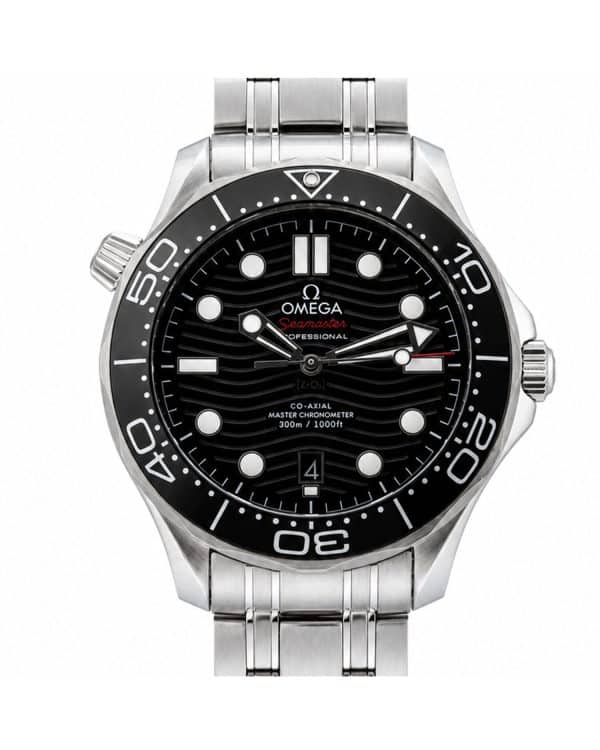 Omega Seamaster Diver 300M Co-Axial Master Chronometer 42mm men's watch with black wave-pattern ceramic dial, black ceramic bezel, stainless steel case and bracelet.